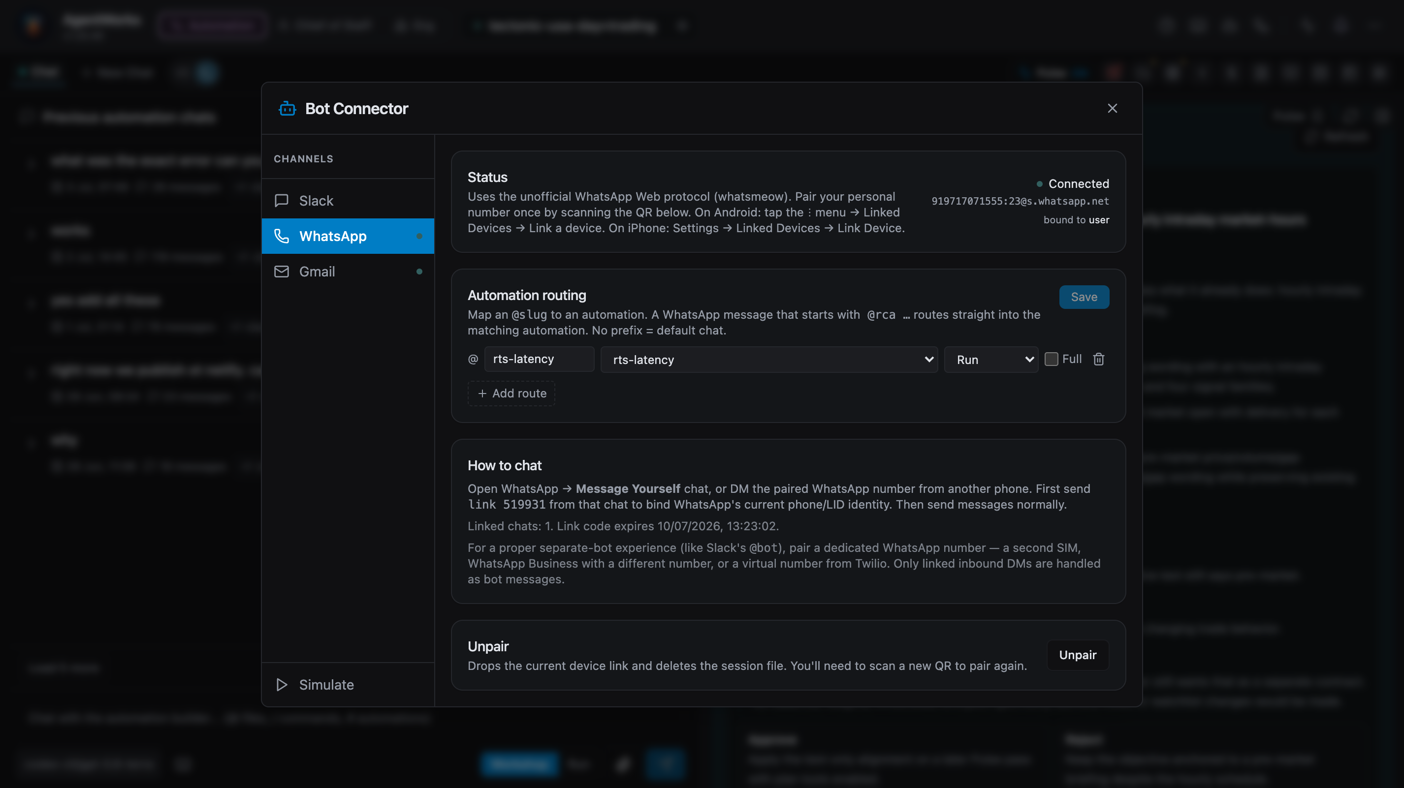 AgentWorks Bot Connector showing Slack, WhatsApp, Gmail, and automation routing.