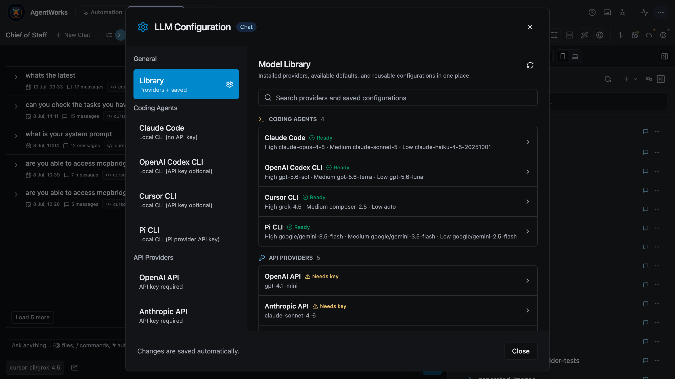 AgentWorks model library showing connected Claude Code, Codex CLI, Cursor CLI, Pi CLI, and model providers.