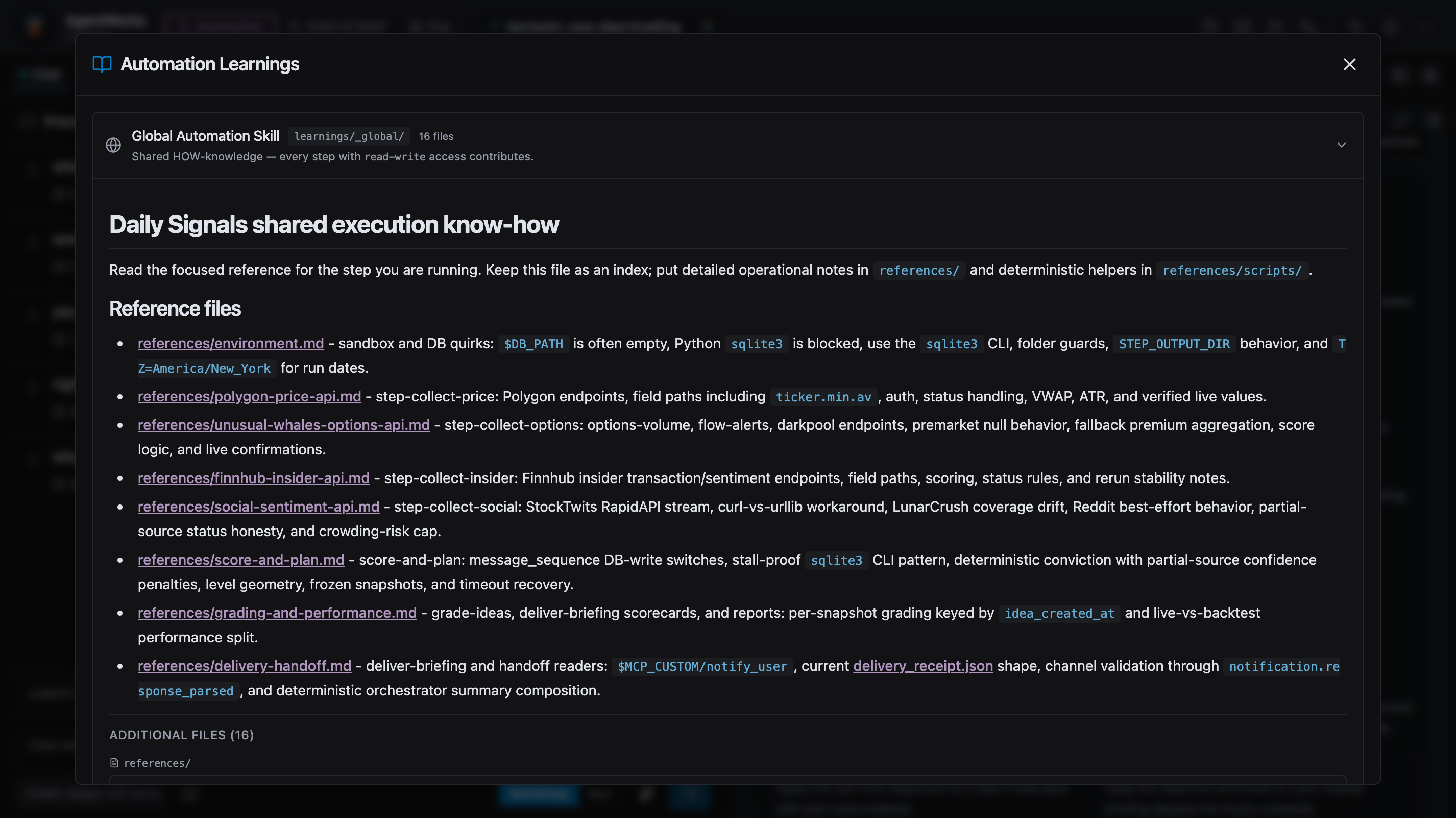 AgentWorks Automation Learnings view showing a shared global skill and reusable execution knowledge.
